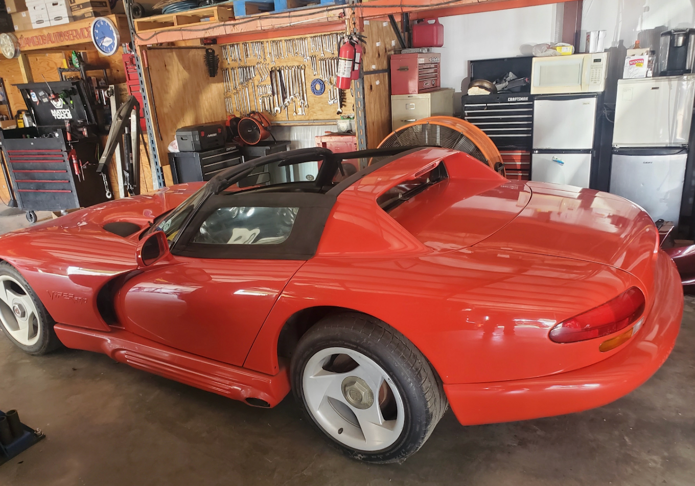 Red Viper in garage workshop